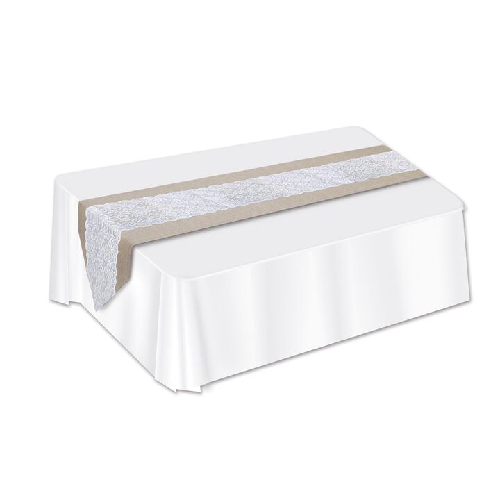 Club Pack of 12 White and Brown Country Chic Lace Burlap Table Runners 72"