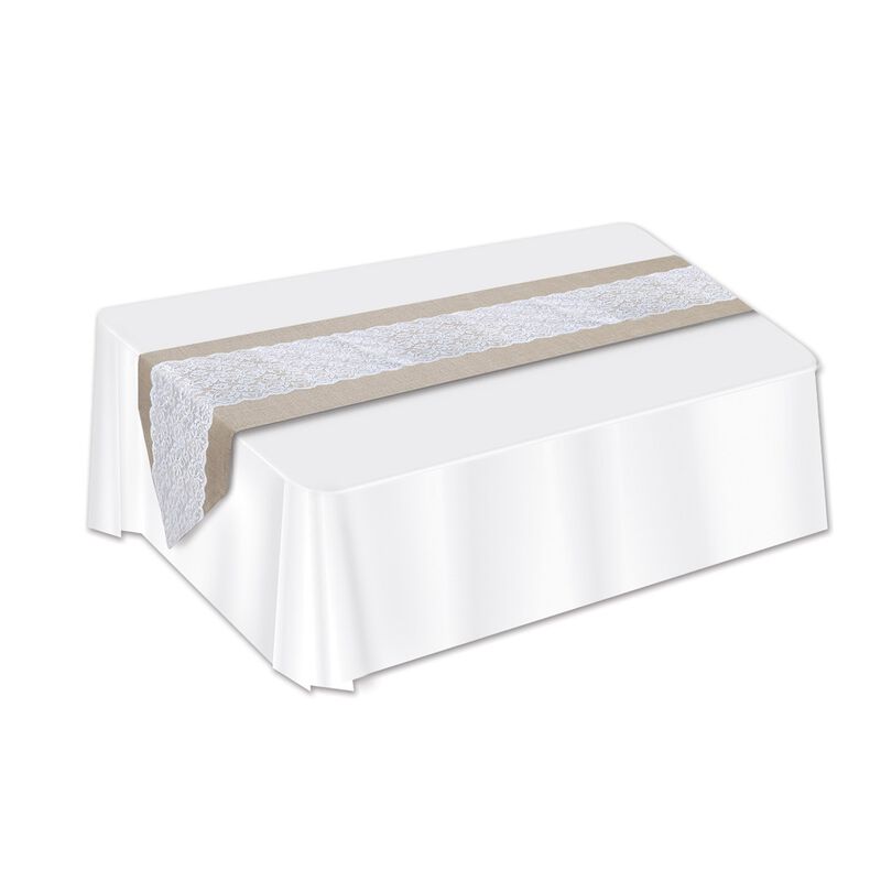 Club Pack of 12 White and Brown Country Chic Lace Burlap Table Runners 72"