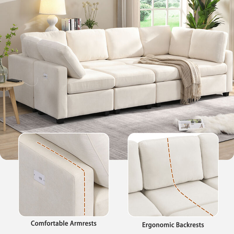 103" Sectional Sofa Couch Sofa Bed U-shaped Sofa with Two Movable Ottoman and Three USB Ports for Living Room, Grey