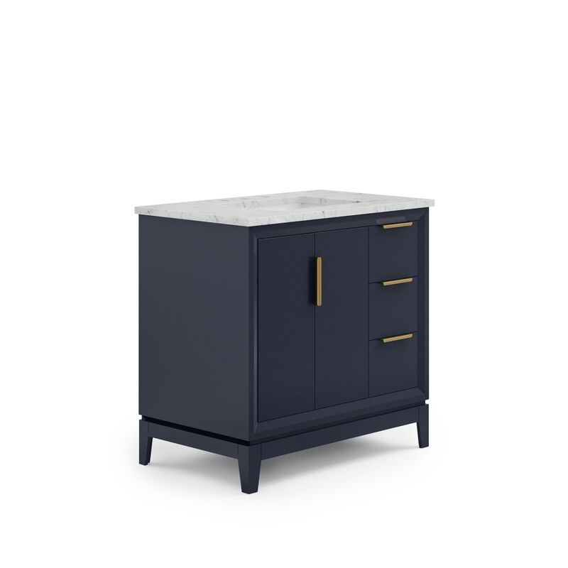 Elizabeth 36 In. Single Sink Carrara White Marble Countertop Bath Vanity In Monarch Blue with Satin Gold Hardware