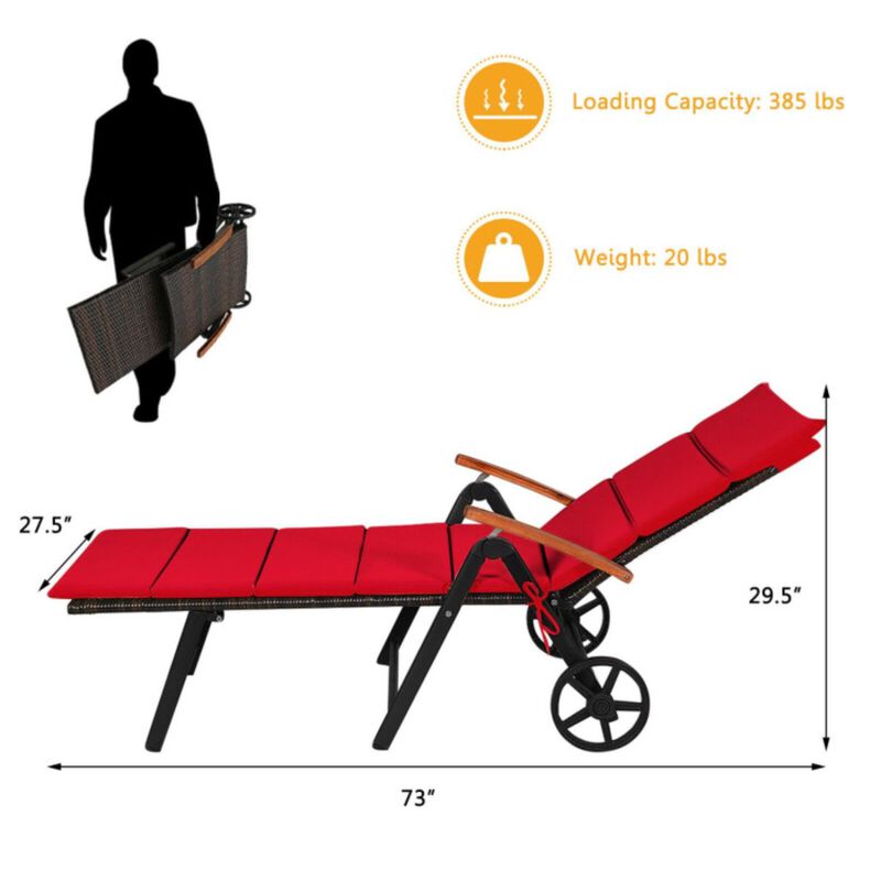 Hivvago Folding Patio Rattan Lounge Chair with Wheels