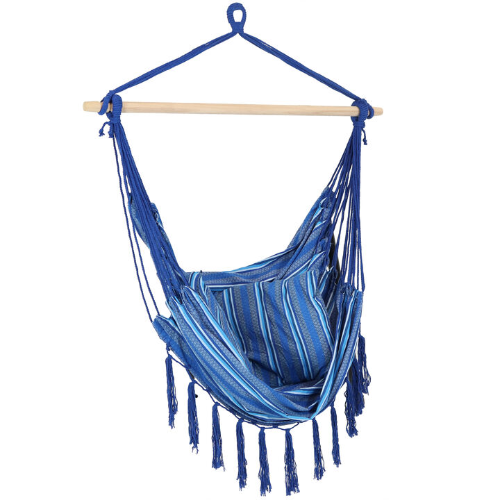 Sunnydaze Polyester Hammock Chair with Cushions and Fringe - Blue Stripes
