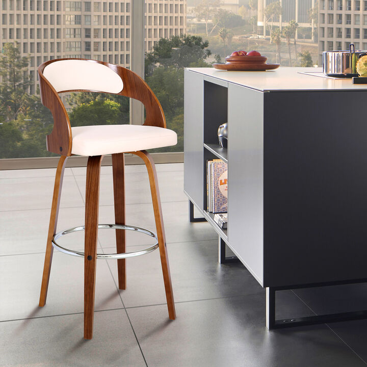 Shelly Bar Height Swivel Cream Faux Leather and Walnut Wood Bar Stool
