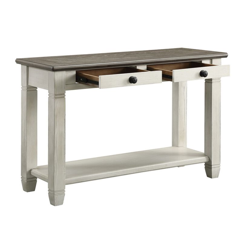 Rome 48 Inch Sofa Table, Rectangular, 2 Drawers, White, Brown, Solid Wood - Benzara