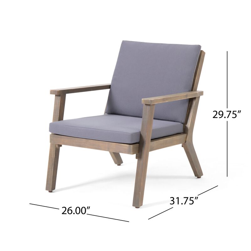Elin Outdoor Club Chair Set of 2, Acacia Wood Frame, Gray Cushions - Benzara
