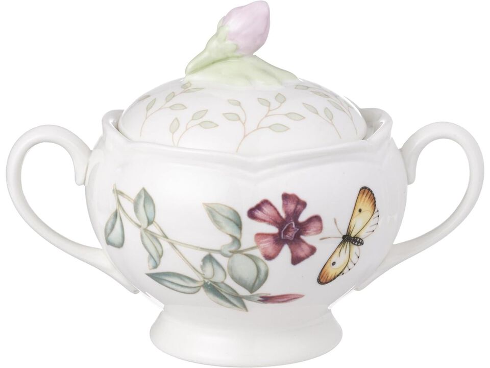 Lenox Butterfly Meadow Double Handled Sugar Bowl with Lid, White