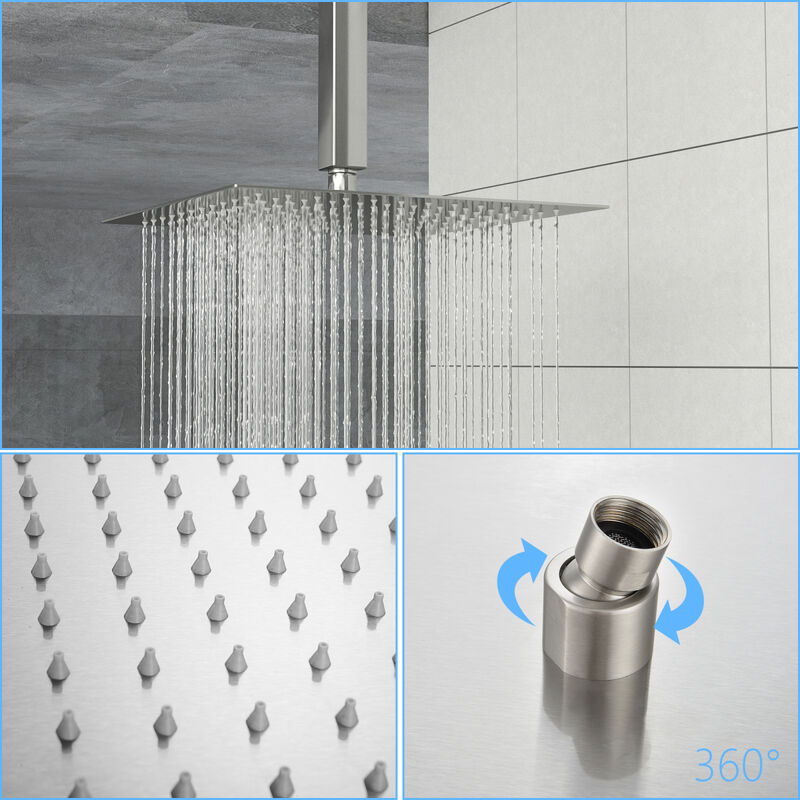 12" Rain Shower Head Systems With Waterfall Tub Spout, Brushed Nickel, Ceiling Mounted Shower