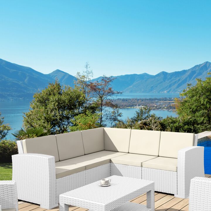 5 Piece Brown Outdoor Patio Sectional with Natural Beige Sunbrella Cushion 81.5"