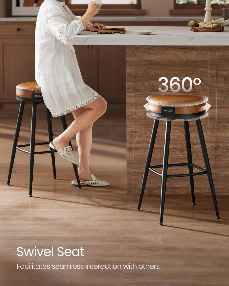 Bar Stools Set of 2, Bar Height Swivel Bar Stools, Synthetic Leather with Stitching, Mid-Century Modern, 30-Inch Tall