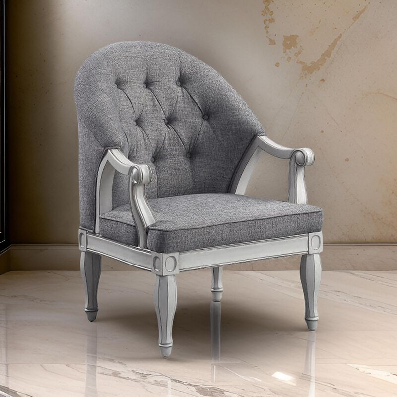 Fil 32 Inch Armchair, Tufted Backrest, Fabric Upholstery, Poplar Wood, Gray - Benzara