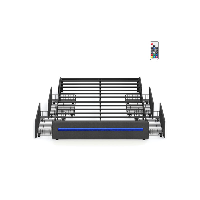 LED Bed Frame Full Size with 4 Drawers and Charging Station