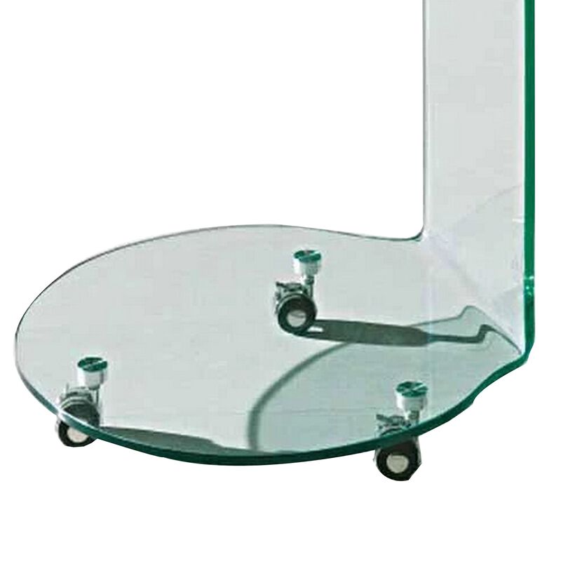 24 Inch Curved Glass End Table, Cylindrical Design, Caster Wheels, Clear - Benzara