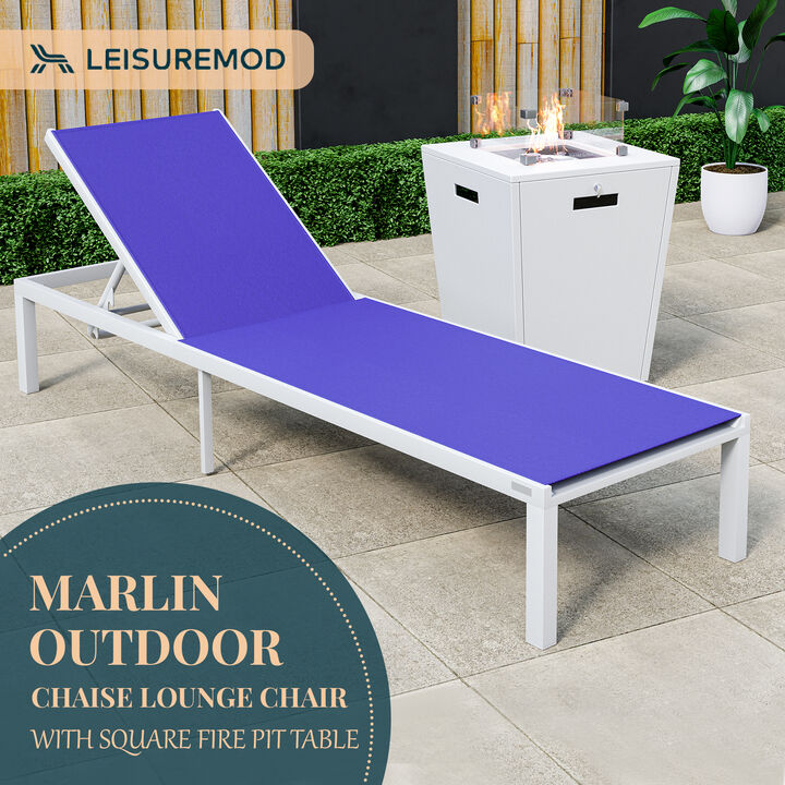 LeisureMod Marlin Modern Black Aluminum Outdoor Patio Chaise Lounge Chair in White Frame with Square Fire Pit Side Table
