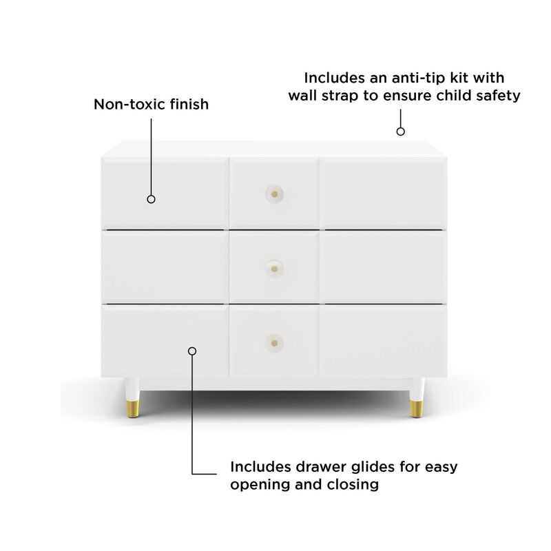 Aviary 3-Drawer Dresser with Gold Hardware, White