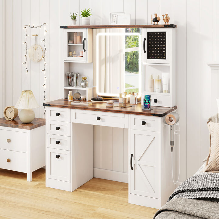 Farmhouse Vanity Desk with Lighted Mirror and 3 Doors