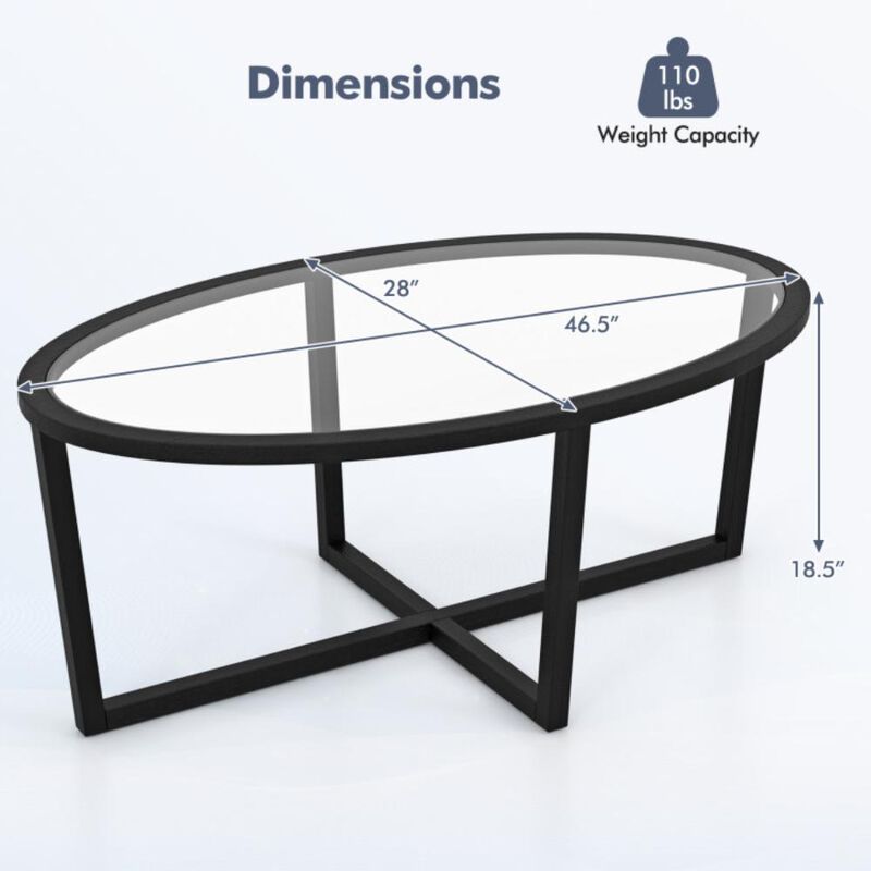 Hivvago Glass Coffee Table Oval Living Room Table with Cross Base and Acacia Wood Legs
