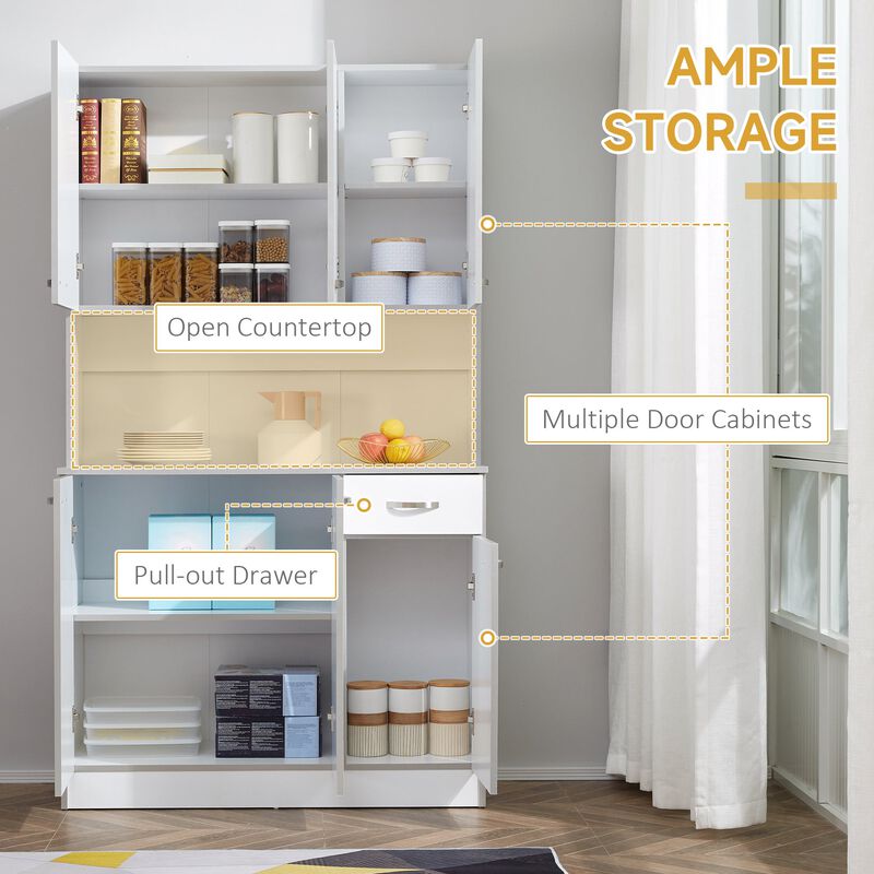 Expansive Kitchen Storage: 71" White Buffet with Hutch, 6 Doors & Drawer
