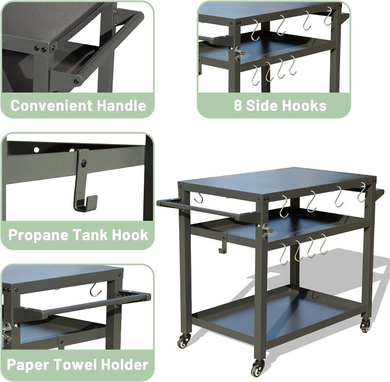 MONDAWE 3-Shelf Outdoor Grill Table, Grill Cart with Wheels, Outdoor Pizza Oven Table and Food Prep Table, with Propane Tank Hook, Grill Stand for Blackstone Griddle for BBQ