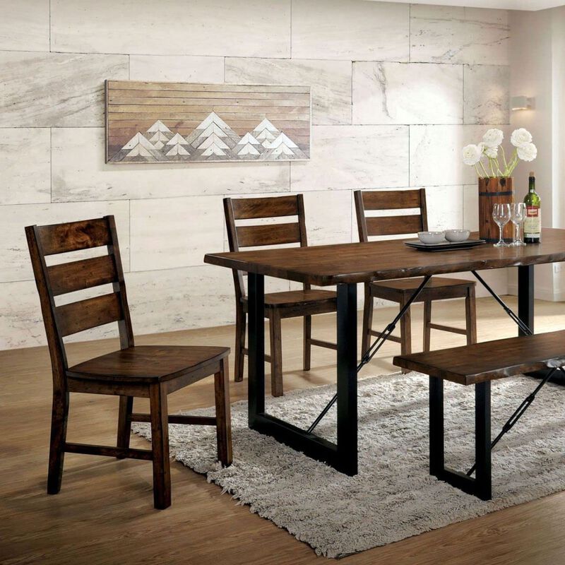 Walnut Finish Solid Wood Industrial Style Kitchen Set Of 2 Dining Chairs Slat Back Chairs