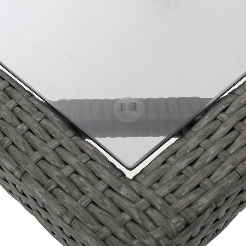Yuzu Outdoor Dining Table, 34 Inch Square Glass Top, Gray Faux Wicker - Benzara
