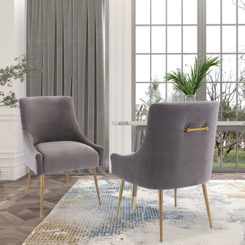 Grey Velvet Dg Chair with Pullg Handle and Adjustable Foot Nails(Set of 2)