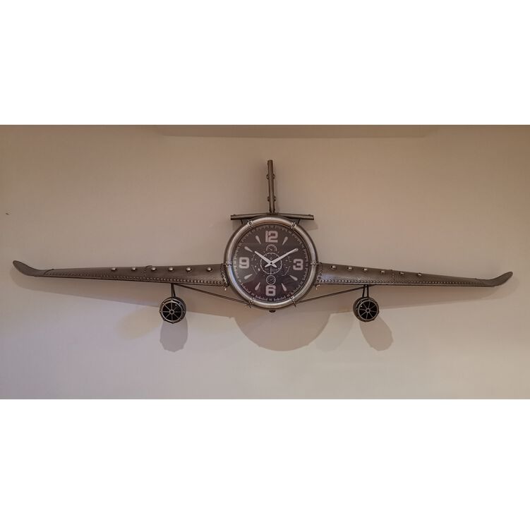 Metal Medium Silver Vintage Fighter Jet Wall Clock with black clock face