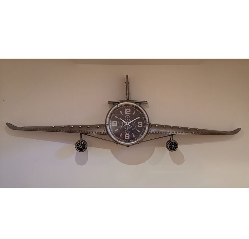 Metal Medium Silver Vintage Fighter Jet Wall Clock with black clock face