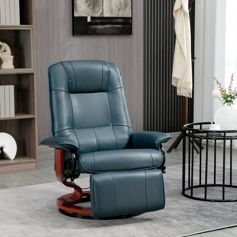 HOMCOM Faux Leather Manual Recliner, Adjustable Swivel Lounge Chair with Footrest, Armrest and Wrapped Wood Base for Living Room, Blue