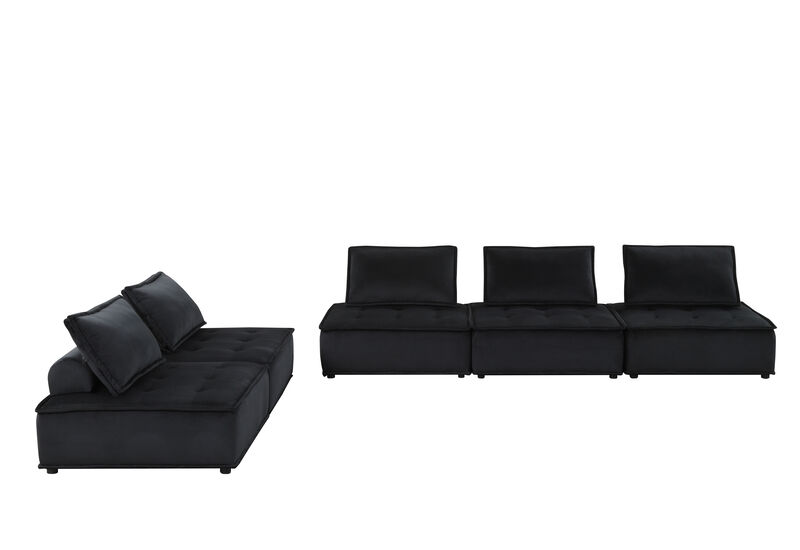Anna Black Velvet 5 Piece Sectional Sofa Ottoman