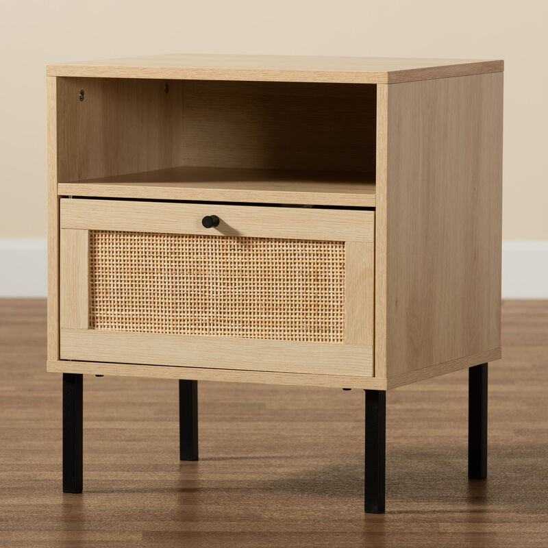 Baxton Studio Caterina Natural Brown Finished Wood and Natural Rattan 1 Door End Table