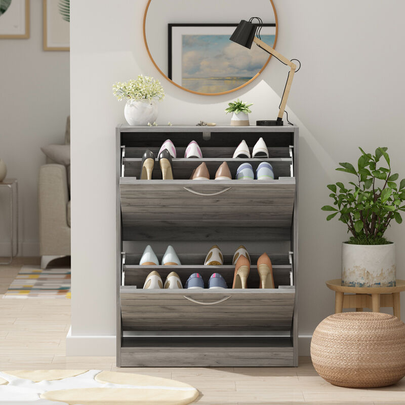 Modern Shoe Cabinet with 2 Flip Drawers, Freestanding Shoe Storage Cabinet, Shutter Design, Shoe Storage Organizer for Hallway Entryway Grey (22.4”W x 9.4”D x 29.5”H)