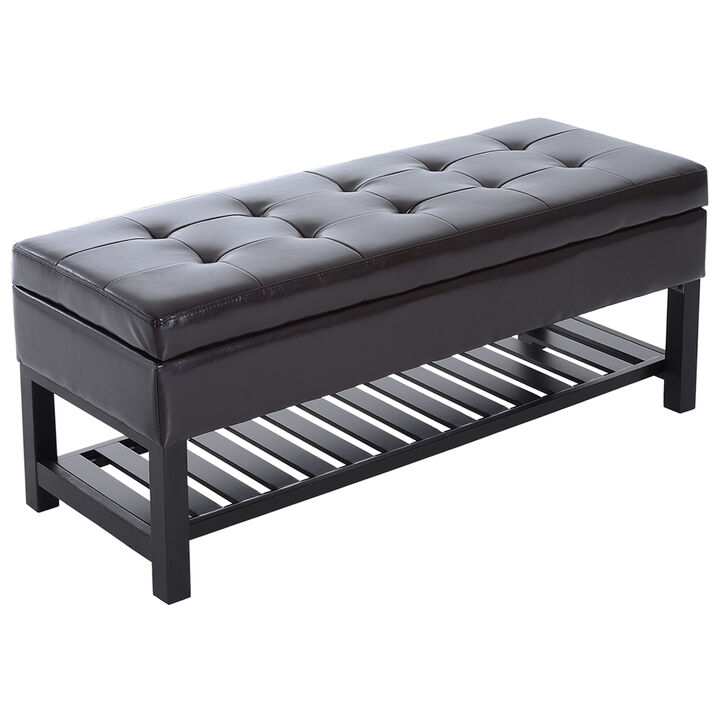 HomCom 44" Tufted Faux Leather Ottoman Storage Bench With Shoe Rack - Dark Brown