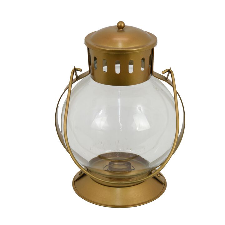 Decorative Lantern, Round Glass Shade, Handle, Golden Metal, 12 Inch - Benzara