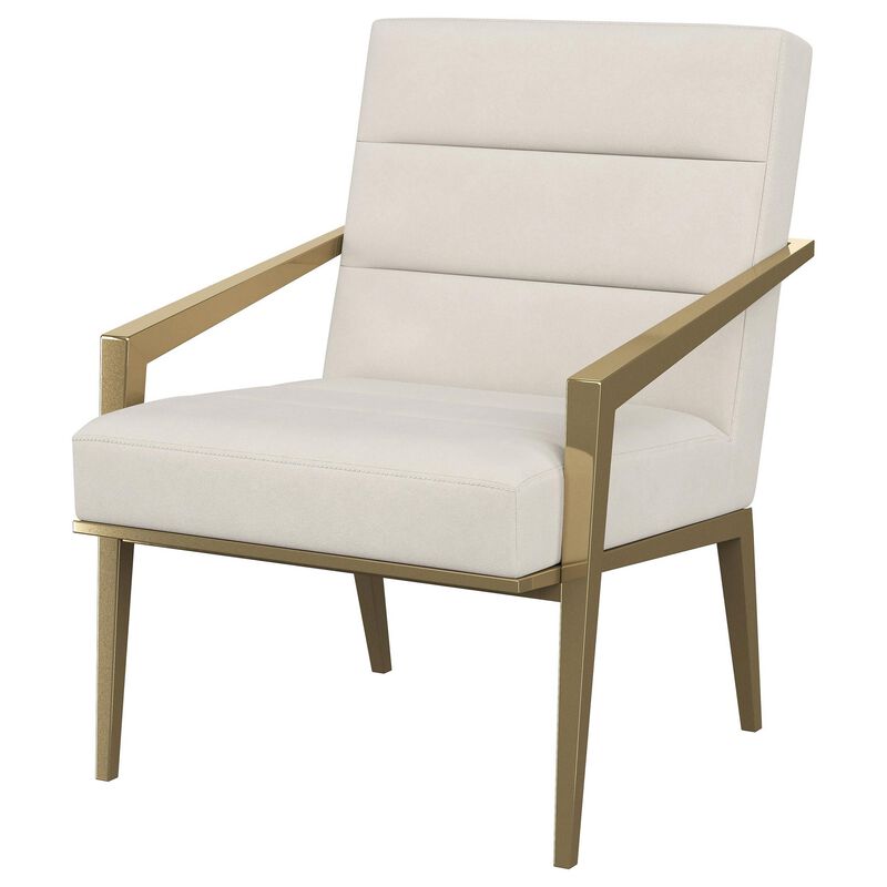 Kiara Accent Chair, Channel Tufted Cream Fabric, Gold Metal Frame - Benzara
