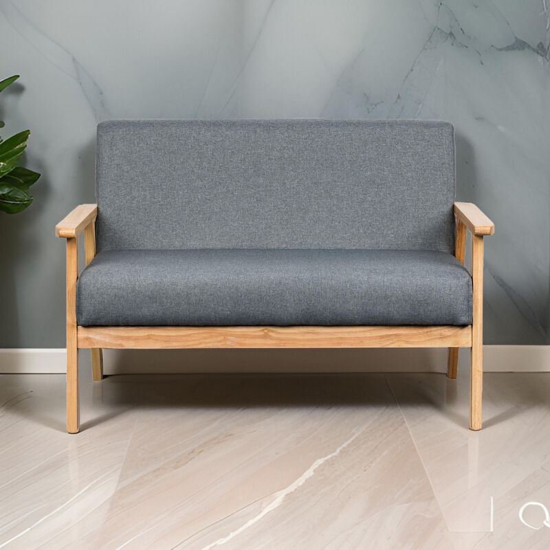 Gala 45 Inch Modern Loveseat Bench, Gray Fabric, Natural Brown Wood Frame-Benzara