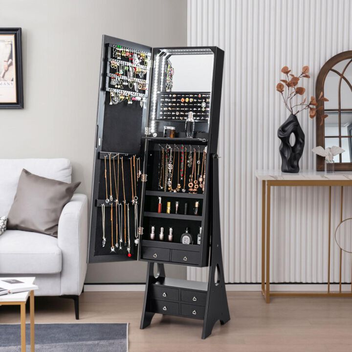 Hivvago Freestanding Full Length LED Mirrored Jewelry Armoire with 6 Drawers