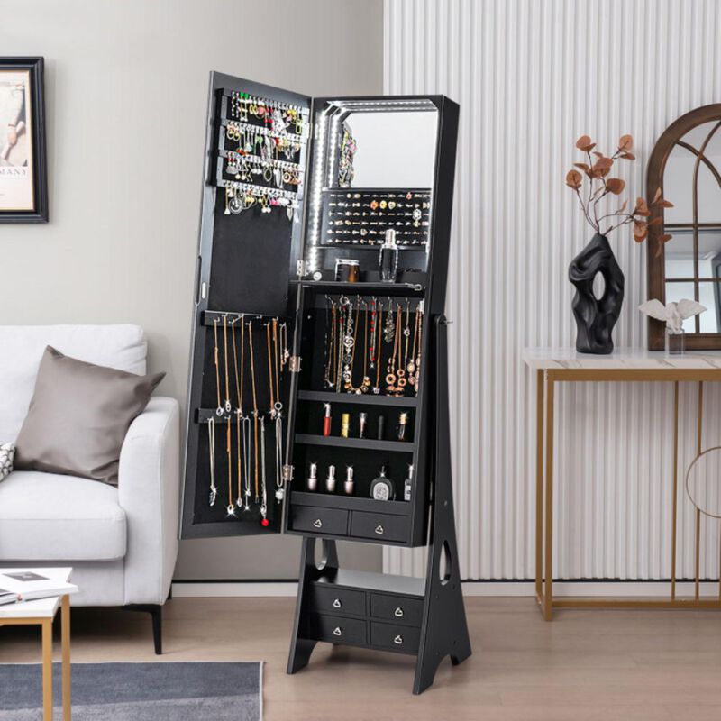 Hivvago Freestanding Full Length LED Mirrored Jewelry Armoire with 6 Drawers
