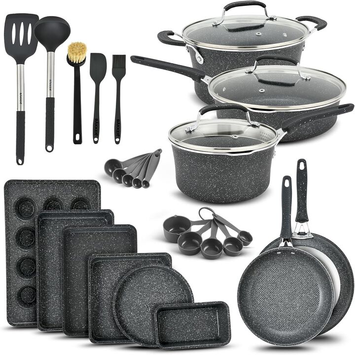 Bakken- Swiss Kitchen Cookware Set - Nonstick Coating, Pot and Pans Set with Handle Grips & Tempered Glass Lids, PFOA, PFOS, PTFE Free, Ceramic Max Temperature (Up To 500° F), Set of 23