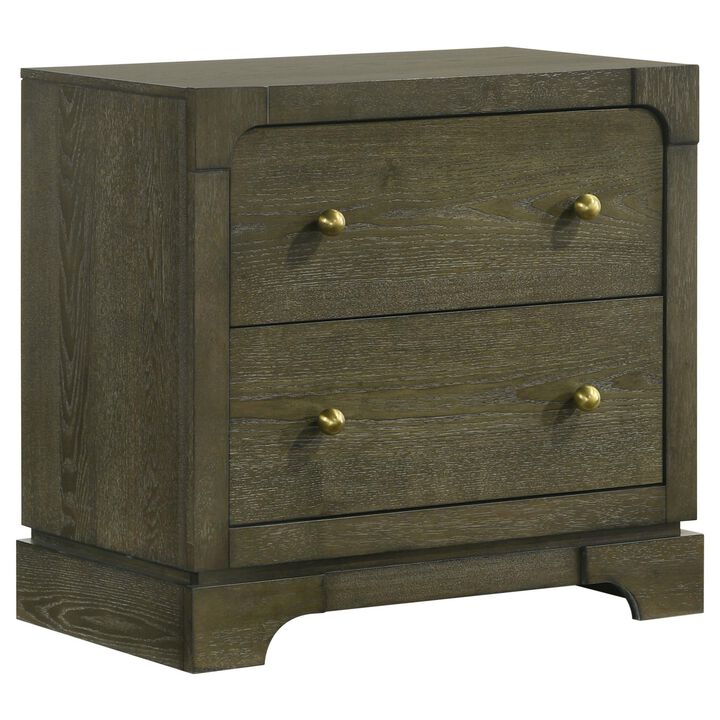 Seon Nightstand, 2 Drawers with Brass Knobs, Dark Cocoa Brown Wood - Benzara