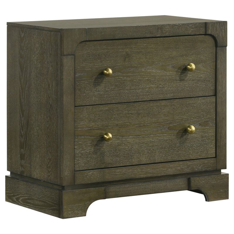 Seon Nightstand, 2 Drawers with Brass Knobs, Dark Cocoa Brown Wood - Benzara