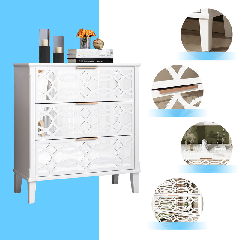 3-Mirrored Drawers White Wood Nightstands Bedside Table With Mirror Finish 11.5 in. D x 28.5 in. W x 26 in. H