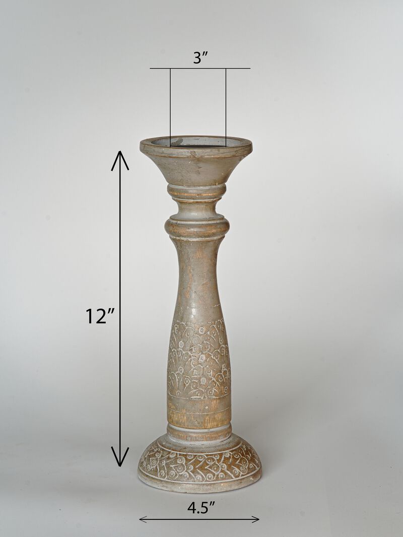 Traditional Gray Wash Eco-friendly Handmade Mango Wood Set Of One 12" Pillar Candle Holder BBH