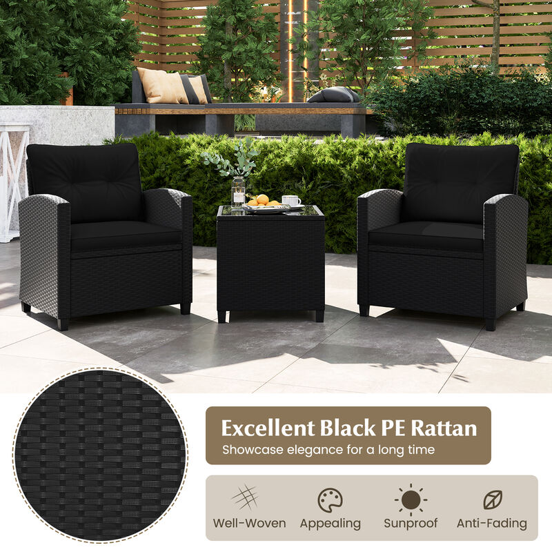 3 Pieces Patio Furniture Set with Tempered Glass Coffee Table