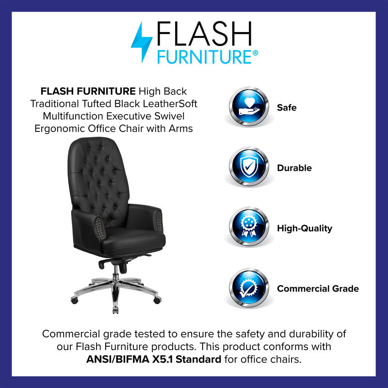 Hansel High Back Traditional Tufted Black LeatherSoft Multifunction Executive Swivel Ergonomic Office Chair with Arms