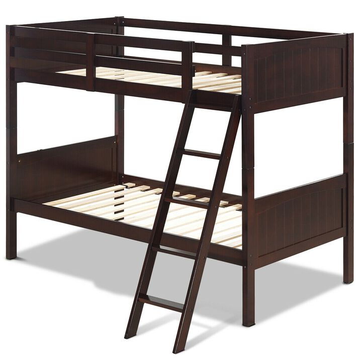 Wooden Twin Over Twin Bunk Bed Frames with Ladder and Safety Rail