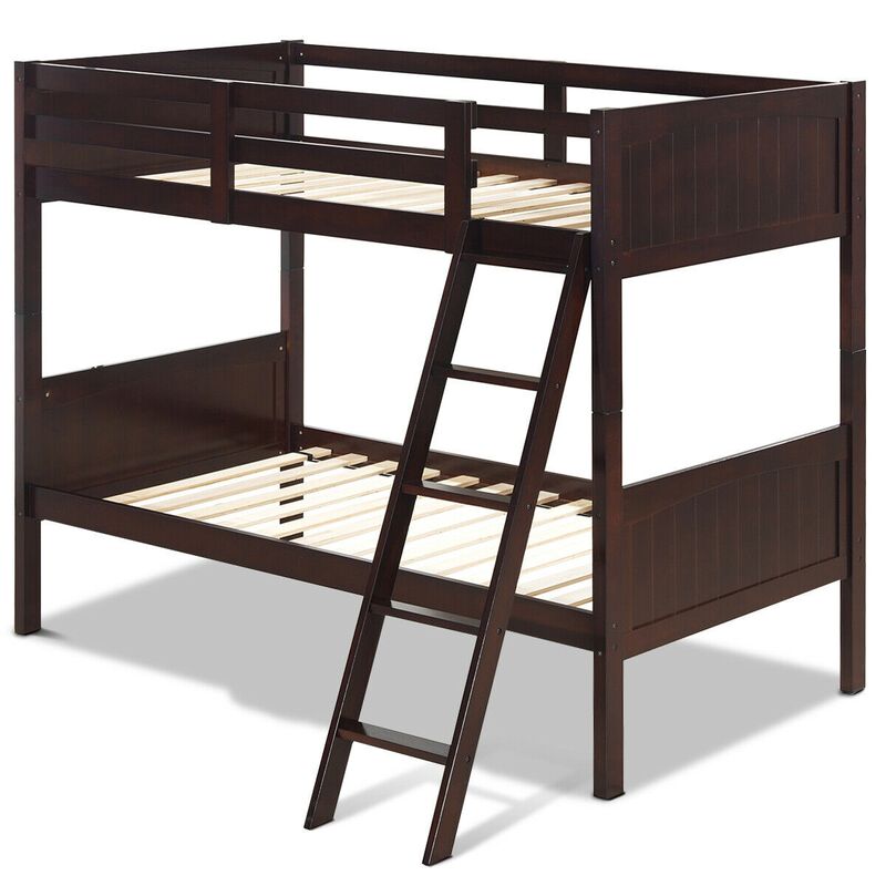 Wooden Twin Over Twin Bunk Bed Frames with Ladder and Safety Rail