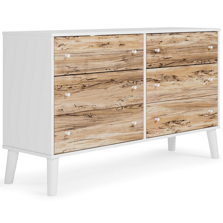 Asher 59 Inch Contemporary Dresser, 6 Drawers, White and Natural Brown-Benzara