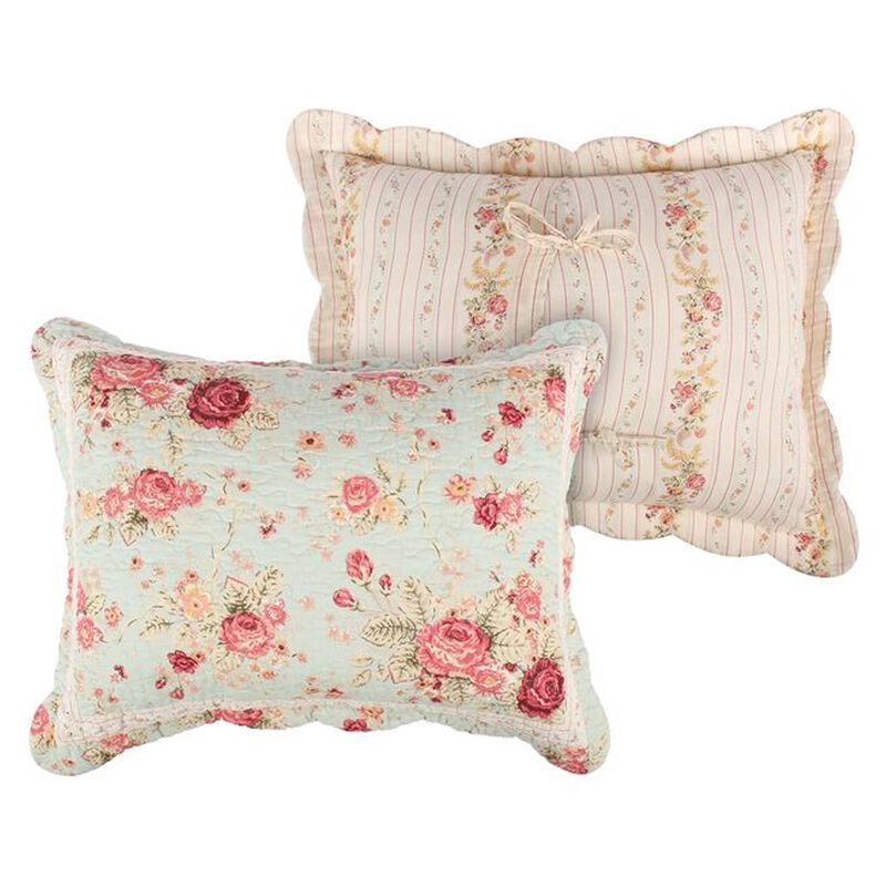 Rosle 3pc Full/Queen Size Bedspread Set, 2 Shams, Rose Print, Blue Cotton