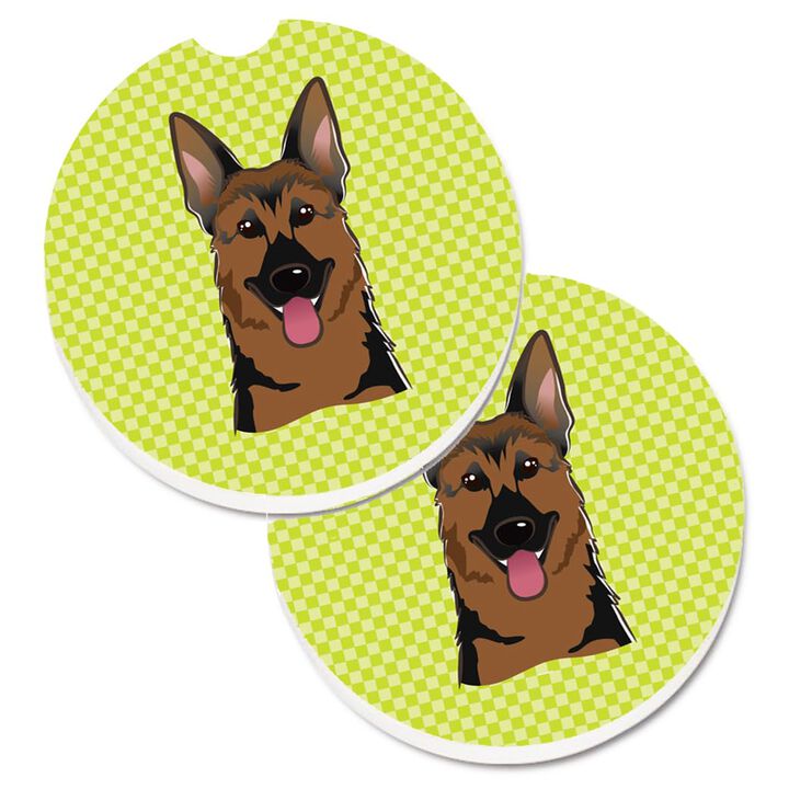 Caroline's Treasures Checkerboard Lime green German Shepherd Set of 2 Cup Holder Car Coasters BB1273CARC, 2.56, Multicolor