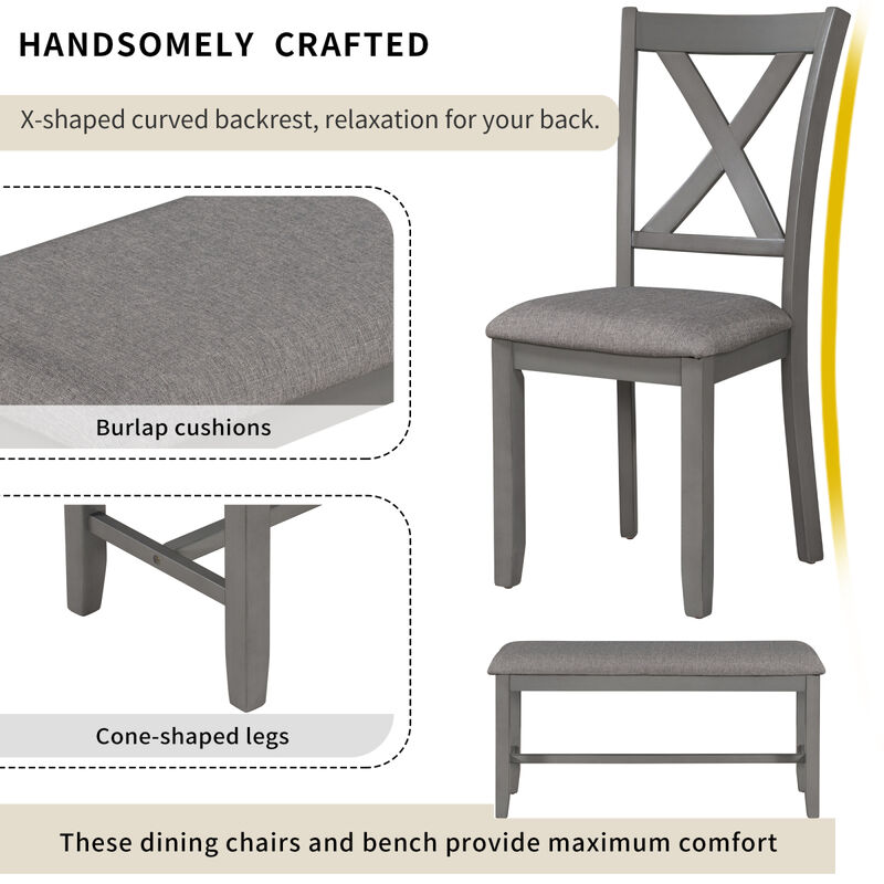 6-Piece Kitchen Dining Table Set Wooden Rectangular Dining Table, 4 Fabric Chairs and Bench Family Furniture